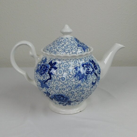 Johnson Brothers Lotus Blue Fine China Floral Swirl Rim Teapot Lid Vintage 1979 - Picture 3 of 12